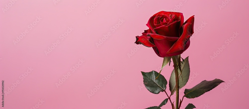 Poster A red rose with copy space image against a pink backdrop with negative space