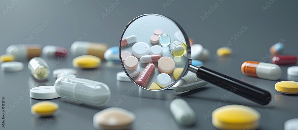 Aufkleber Magnifier showcasing various pills on a grey backdrop with a copy space image