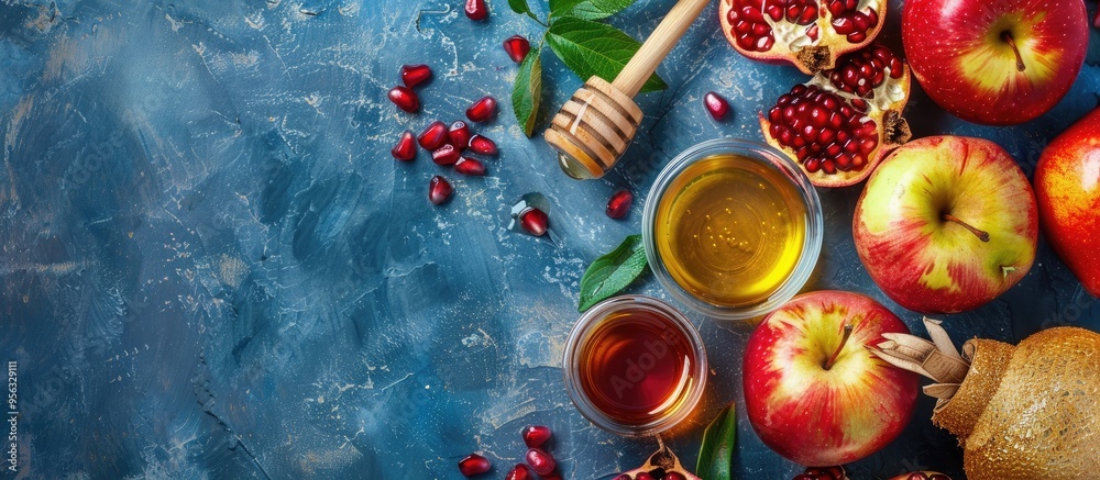 Aufkleber happy rosh hashanah traditional symbols like pomegranate apples and honey displayed on a blue backgr