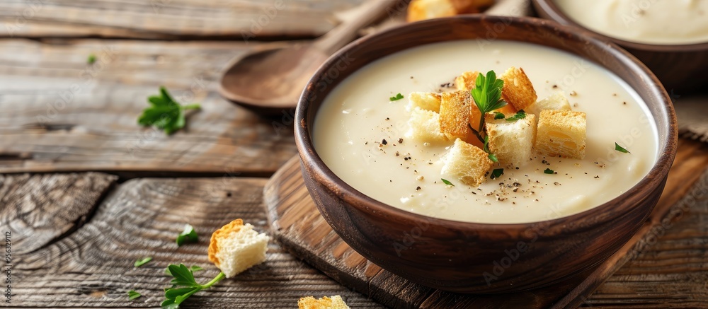 Poster Delicious cream soup with croutons in a rustic setting with a wooden background perfect for a copy space image