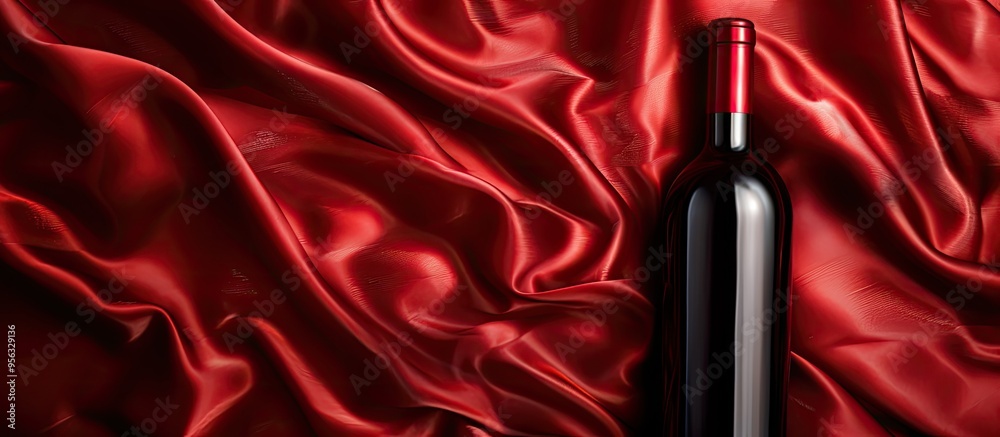 Leinwandbilder top view of a red wine bottle against a satin background with copy space image