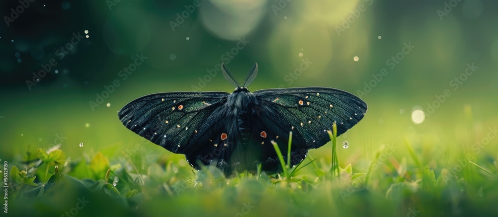 Poster a black moth odezia atrata perched on lush green grass with copy space image