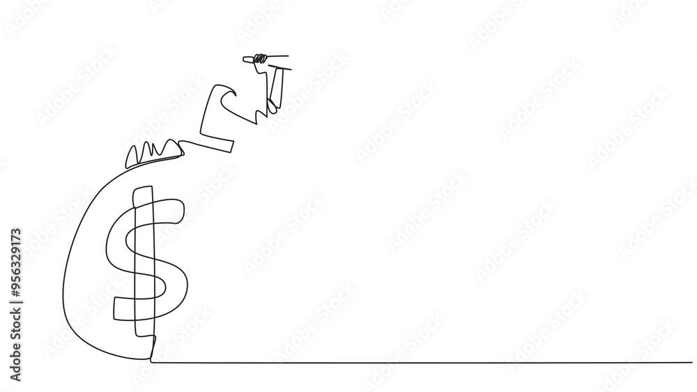 Poster animated self drawing of single continuous line drawing a smart robot emerges from the money bag loo
