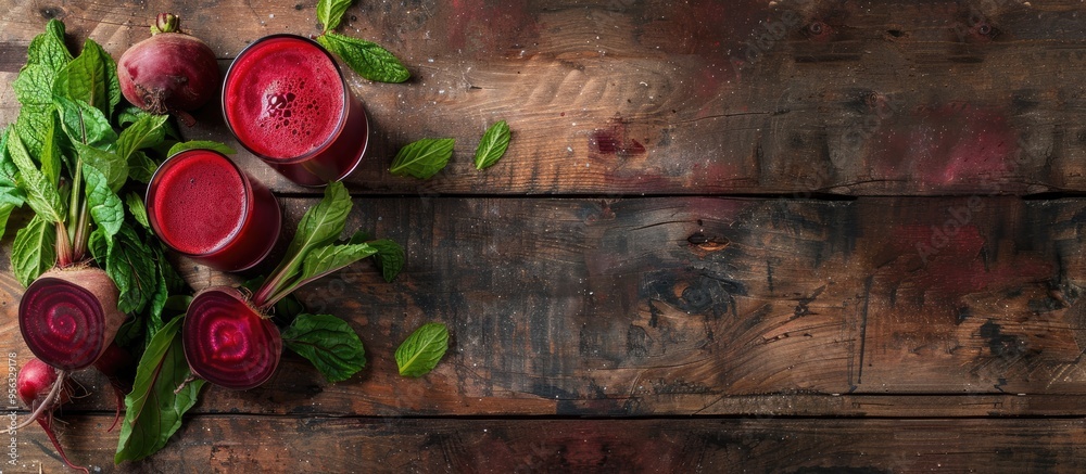 Canvas Prints Flat lay composition with a glass of fresh beet juice ripe vegetables and mint displayed on a wooden table with ample copy space for text in the image