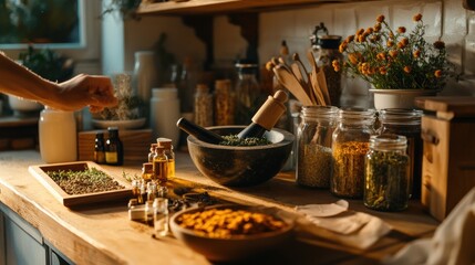 Serene Kitchen Ambiance: Person Grinding Fresh Herbs in Mortar and Pestle Surrounded by Essential Oils and Dried Flowers