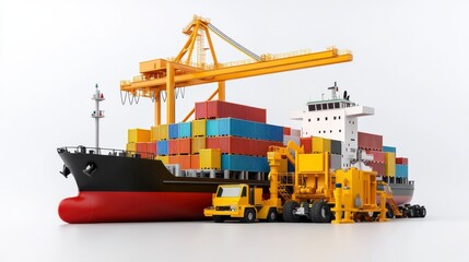 A detailed model of a cargo ship with colorful containers and a crane, showcasing the logistics and shipping industry.