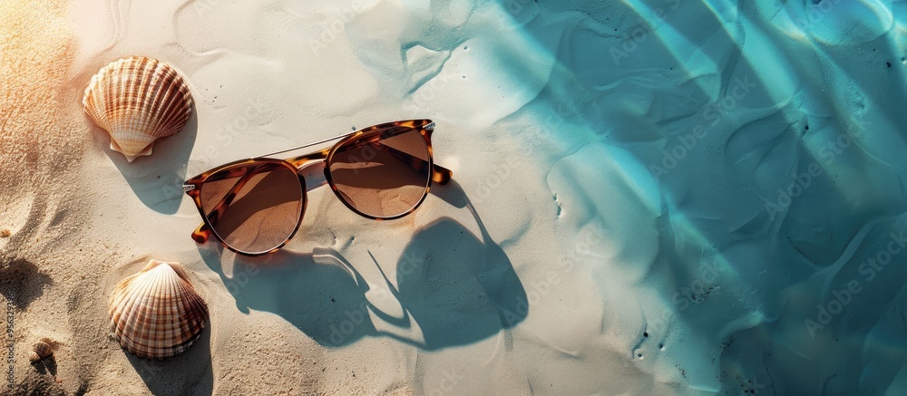 Leinwandbilder top view flat lay of sunglasses on a summer background with a seashell providing copy space for text