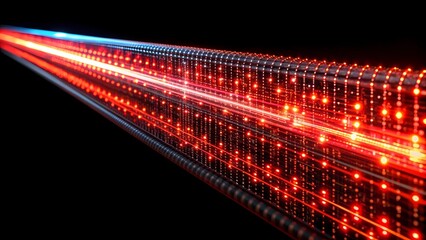 Digital highway, data stream, red light trails, binary code, futuristic network, glowing particles, high-speed internet concept, cyber infrastructure, information superhighway