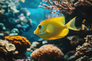 Yellow Tang Fish with Blue Markings Swimming in a Coral Reef