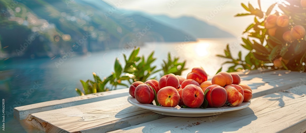Leinwandbilder white table with nectarines in a peaceful summer scene featuring a blurred backdrop of the sea and m