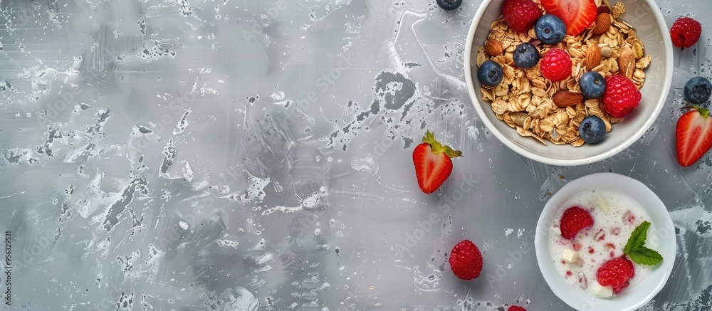 Aufkleber flat lay of delicious granola topped with fresh fruits on a grey surface with available copy space i