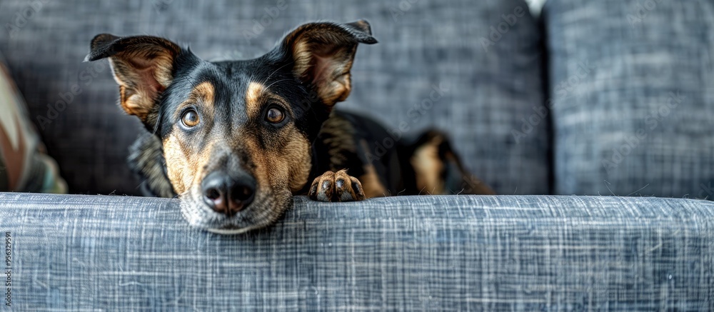 Poster a vigilant dog perched on a couch eyes fixed with copy space image
