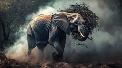 Fototapeta premium A magnificent elephant forcefully breaking branches with its strong and agile trunk in a lush verdant jungle setting showcasing the power and adaptability of this iconic African wildlife species