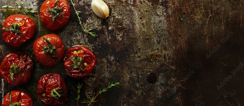 Poster Top down view of sun dried tomatoes in olive oil seasoned with thyme and garlic placed on a rustic stone table with a blank space for images. Creative banner. Copyspace image