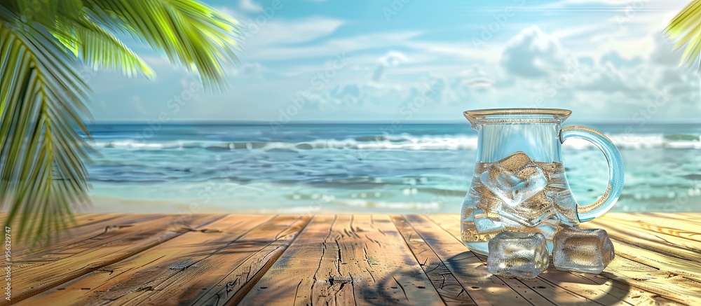 Poster wooden table top with a tropical beach backdrop featuring a large water jug filled with ice ideal fo