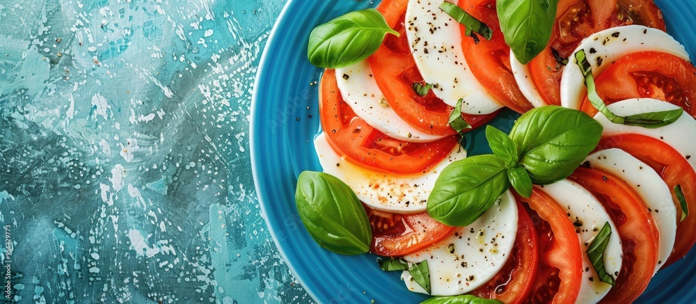 Poster caprese salad creatively arranged to resemble the italian flag on a blue plate with copy space image