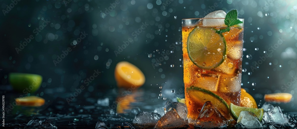 Poster pimms cocktail with lime ice vodka ginger beer and lemon juice showcased on a dark backdrop with ava