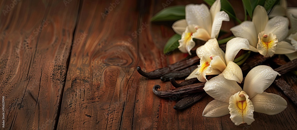 Aufkleber Close up of vanilla pods and flowers displayed on a wooden table with room for text alongside in the image. Creative banner. Copyspace image