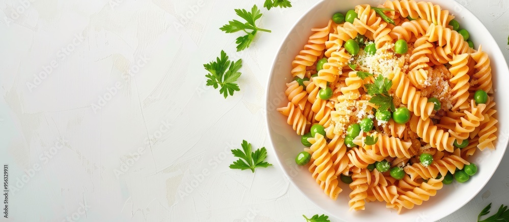 Poster a bowl of tasty pasta with green peas and cheese on a white backdrop from a bird s eye view providin
