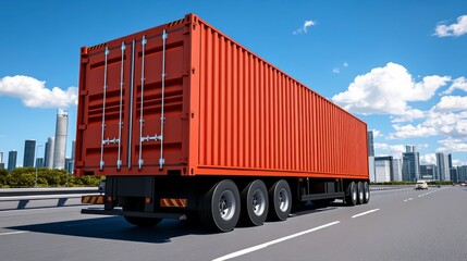 A red cargo truck with a shipping container transports goods on a highway under a clear blue sky.