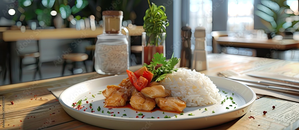 Poster plate with chicken rice in a restaurant showing empty copy space image