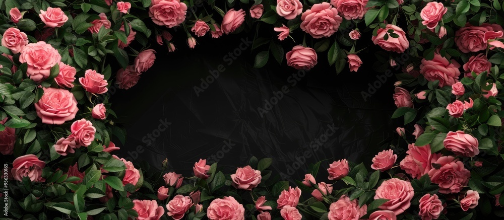 Poster A tunnel of pink roses set against a black backdrop creating an elegant display with copy space image