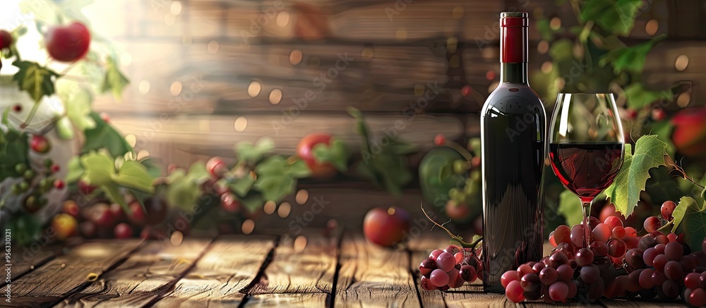 Poster red wine bottle with grapes and glass on wood backdrop with copy space image