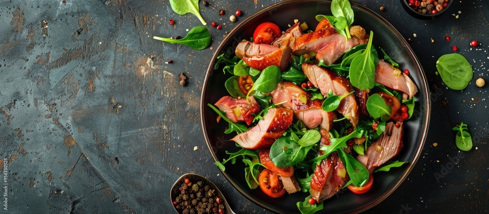 Aufkleber Smoked duck meat salad with natural fresh ingredients placed on a rustic table with a top view for a copy space image