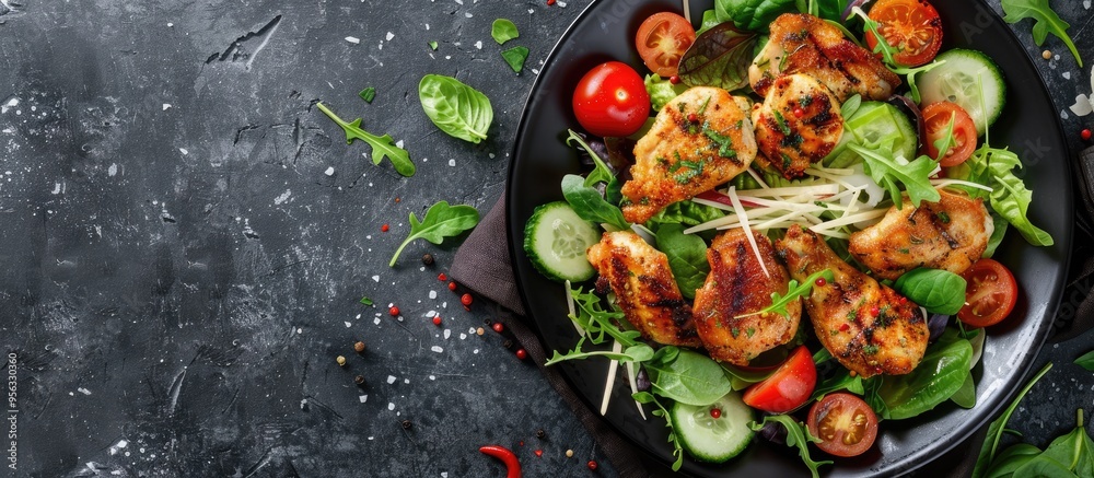 Poster crispy chicken fresh veggies and cheese on a salad with room for a copy space image