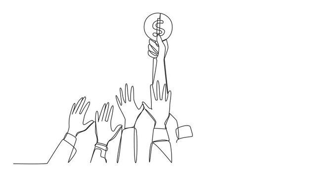 Animation of a single one line drawing of hands fighting over coins with dollar symbols. Fight for small investments that are easy to hold into for old age when retirement. Full length motion