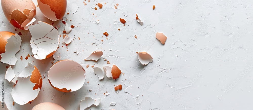 Poster cracked eggshells on a white backdrop with copy space image