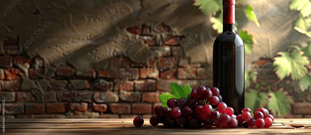 Poster red wine bottle next to grapes on a wooden surface with copy space image available