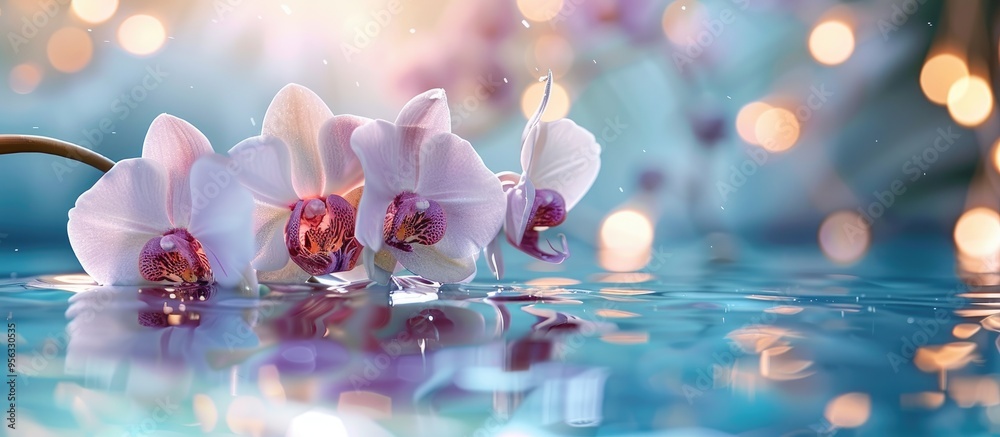 Poster close up purple and white orchid flowers floating on the water s surface creating a serene and visua