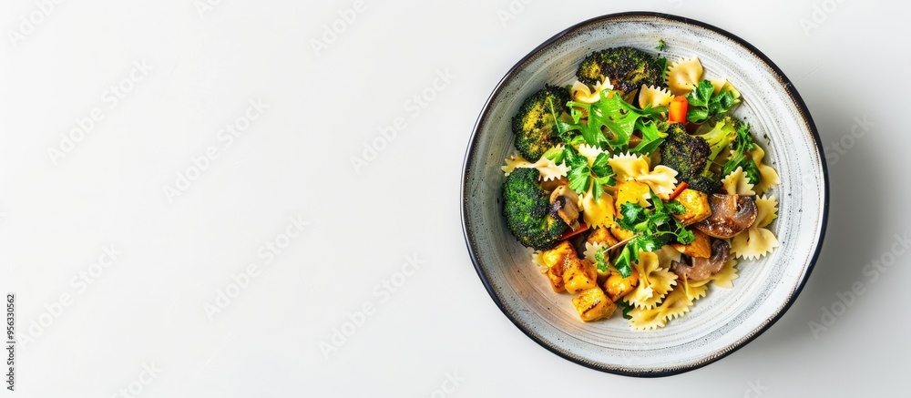 Poster Top down view of a dish featuring farfalle pasta roasted broccoli and sauteed mushrooms in a bowl on a white backdrop with empty space for text or images. Creative banner. Copyspace image