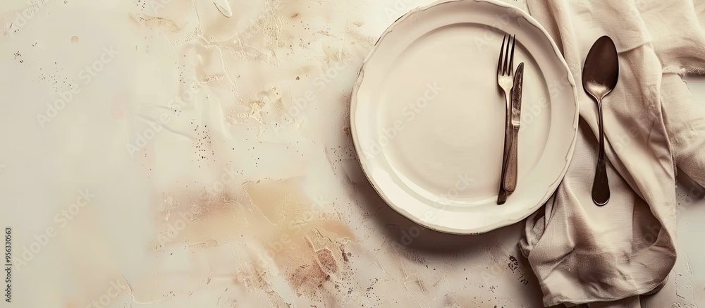 Aufkleber Table setting featuring an empty plate cutlery and napkin on a light background in a top view copy space image