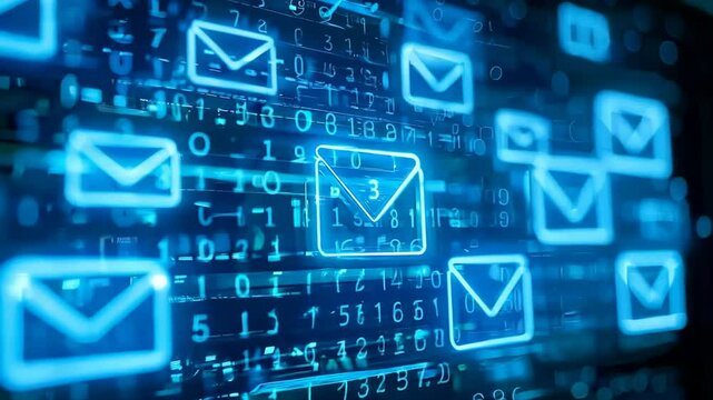 Digital illustration of glowing email icons and binary code representing modern communication and technology concepts.