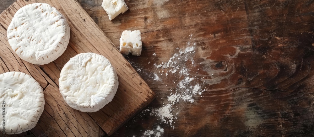 Poster Copy space image of a rustic top view arrangement with a variety of soft cow goat or sheep cheese ideal for a natural fresh appetizer or snack meal