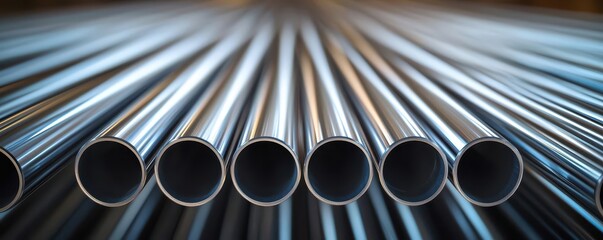 A closeup of an array of stainless steel pipes running parallel to each other