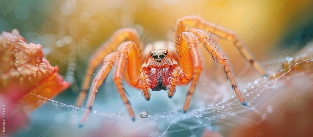 Poster A small orange spider on its web with copy space image