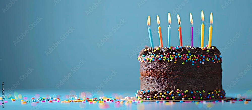 Aufkleber a birthday cake with chocolate frosting colorful sprinkles and seven lit candles on top set against 