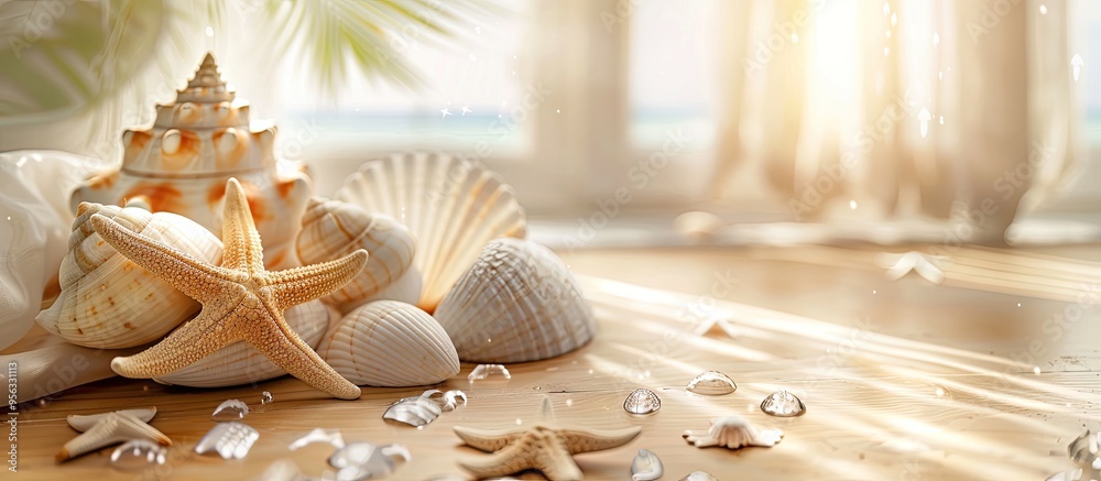 Poster Table background with sea shells or starfish for a summer concept featuring a copy space image for text