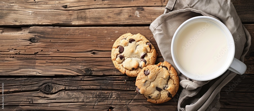 Poster Above view of a jug of fresh milk and cookie on a wooden table with a space for text in the image. Creative banner. Copyspace image