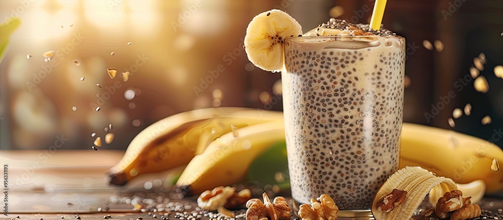 Aufkleber Web banner featuring a glass of tasty breakfast chia seeds garnished with banana slices and walnuts on a table with copy space image