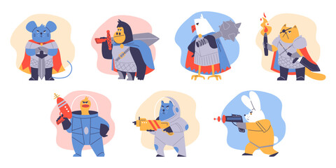 Fototapeta premium Vector illustration of animal warriors in armor, with weapons in their hands: swords, pistols, blasters