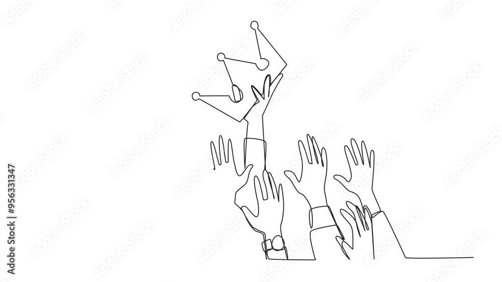 Poster animation of single continuous line drawing hands fighting for the crown. fighting for power with ea