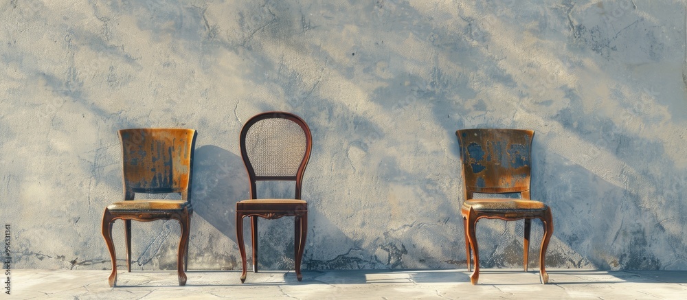 Poster A pair of antique chairs placed on a plain concrete surface with copy space image