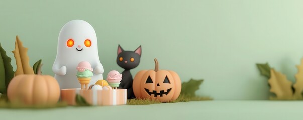 A whimsical Halloween scene featuring a cute ghost, a playful cat, and festive pumpkins, perfect for seasonal decorations.