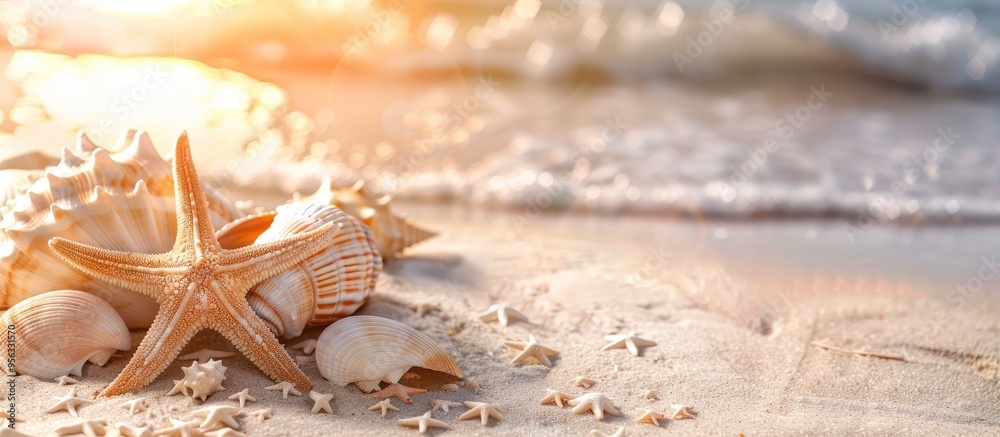 Fototapete a beach themed summer concept featuring sea shells or starfish on a table with ample copy space imag
