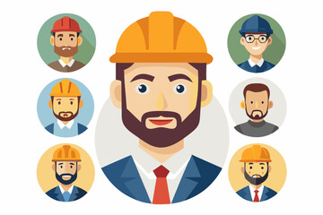 Construction worker face avatar icons vector, Construction worker, Illustration of man wearing worker apron outfit
