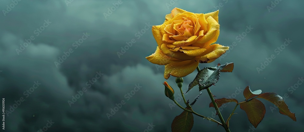 Leinwandbilder a single yellow tea rose blooms in a garden against a cloudy backdrop with a green outdoor setting p